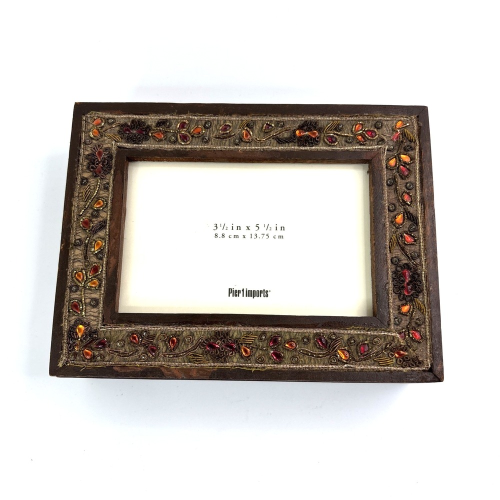 Pier 1 Wood Trinket Keepsake Box Photo Frame Beaded Jeweled Trim Boho